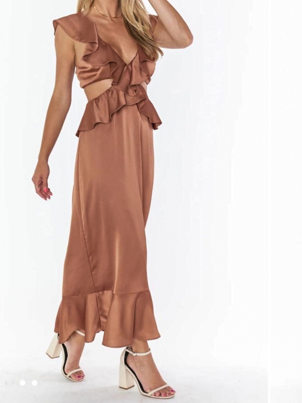 SHOW ME YOUR MUMU  Zoe Satin Ruffle midi DRESS XS New Copper